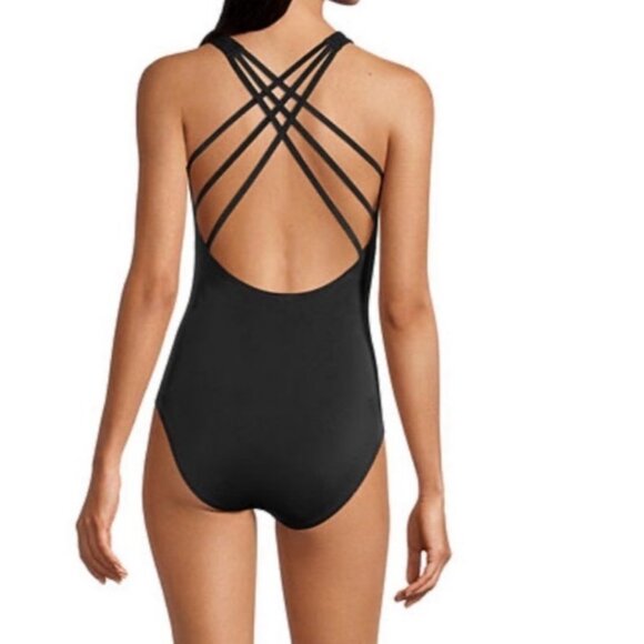 Oasis Black One Piece Swimsuit Sz XL Strappy Cross Back Bathing Suit Beach Pool - Picture 1 of 14